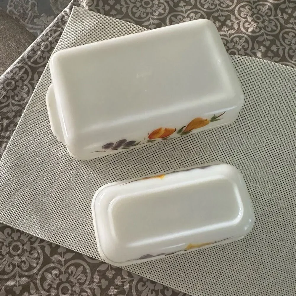 Anchor Hocking FIRE KING 2 pc‎ Loaf Pan & Rectangular Peach Blossom Dish Vintage